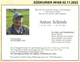 Anton Schönle, Schwaningen, 29.10.2022
