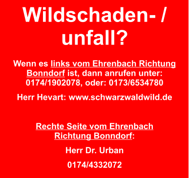 Wildschaden- / unfall?  Wenn es links vom Ehrenbach Richtung Bonndorf ist, dann anrufen unter: 0174/1902078, oder: 0173/6534780 Herr Hevart: www.schwarzwaldwild.de  Rechte Seite vom EhrenbachRichtung Bonndorf: Herr Dr. Urban 0174/4332072