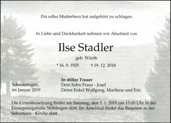 Ilse Stadler, Schwaningen gest. 19.12.2018
