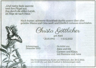 Todesanzeige Göttlicher Christa, 15.12.2022