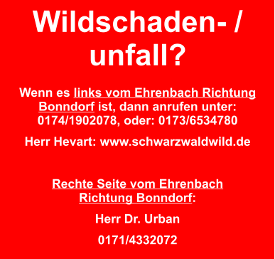 Wildschaden- / unfall?  Wenn es links vom Ehrenbach Richtung Bonndorf ist, dann anrufen unter: 0174/1902078, oder: 0173/6534780 Herr Hevart: www.schwarzwaldwild.de  Rechte Seite vom EhrenbachRichtung Bonndorf: Herr Dr. Urban 0171/4332072