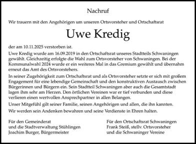 Nachruf Uwe Kredig, Schwaningen